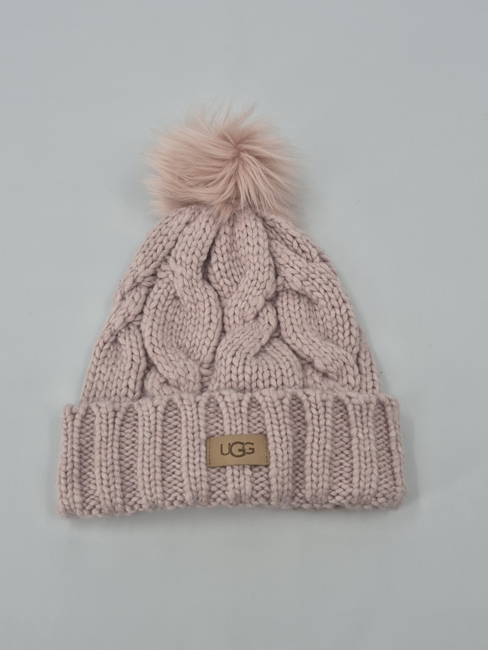 UGG O/S Hat Cable Knit Pom Beanie Cuffed Light Pink Womens
